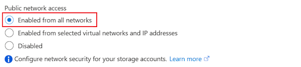 Screenshot that shows the Enabled from all networks selection for the lab resource storage account.