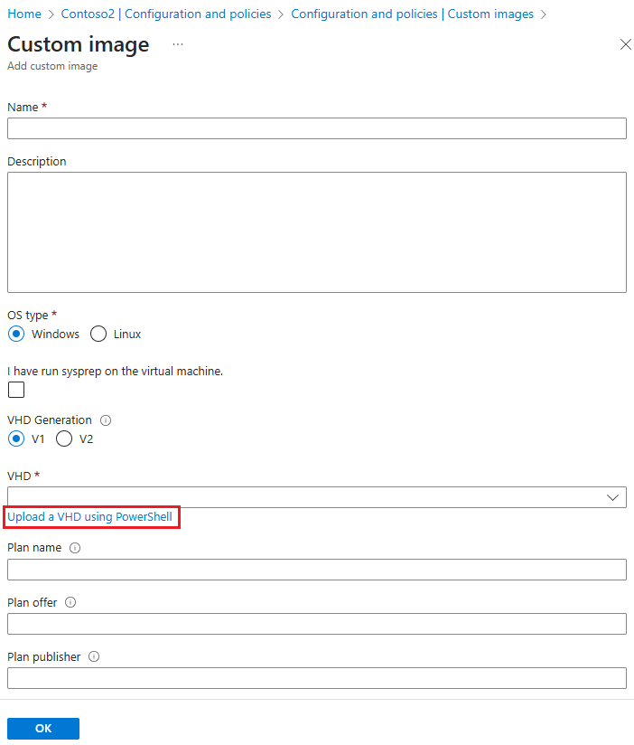 Screenshot that shows settings to upload a VHD by using PowerShell on the Custom image pane.