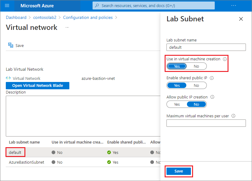 Screenshot that shows enabling V M creation in the default subnet.