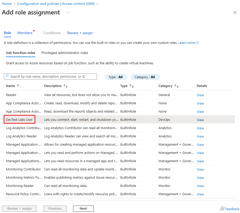 Screenshot of the Add role assignment page with the Role tab selected.