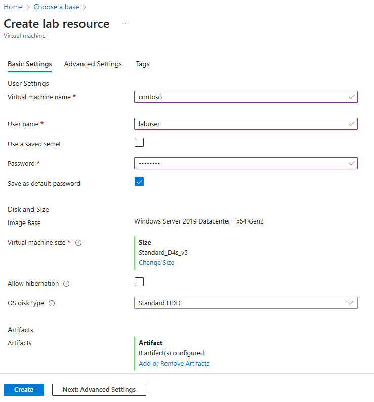 Screenshot of the Basic Settings tab of the Create lab resource page.