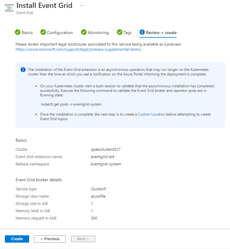 Install Event Grid extension - Review and Create page