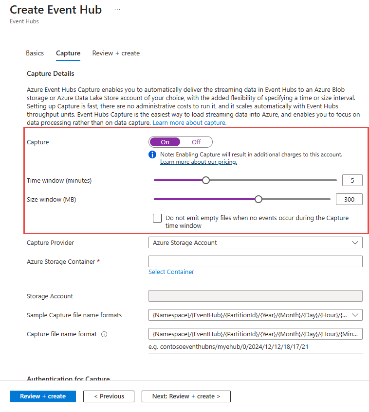 Screenshot of the Capture tab of the Create event hub page with basic settings.