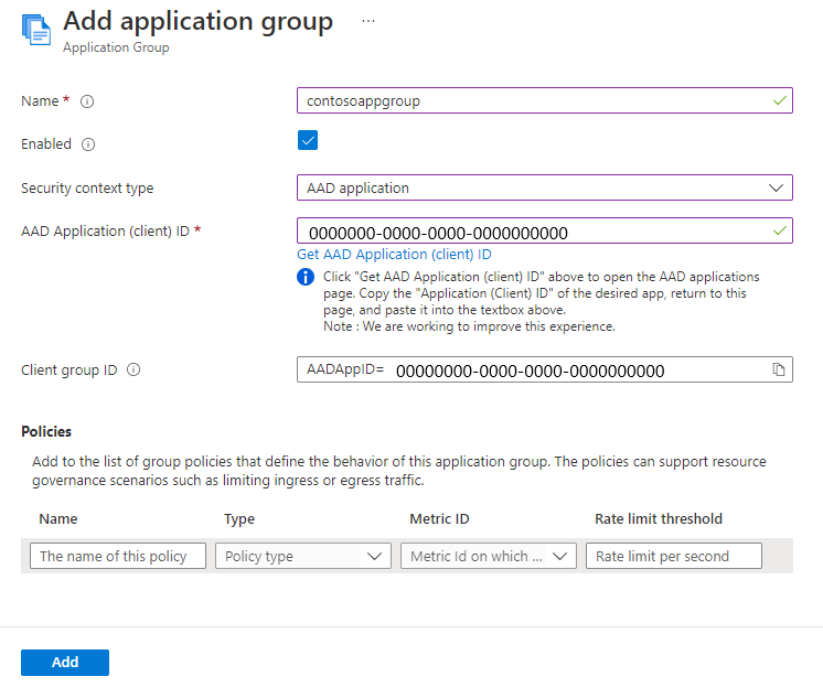 Screenshot of the Add application group page with Microsoft Entra option.