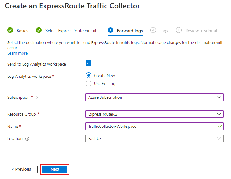 Screenshot of the forward logs tab to Logs Analytics workspace.