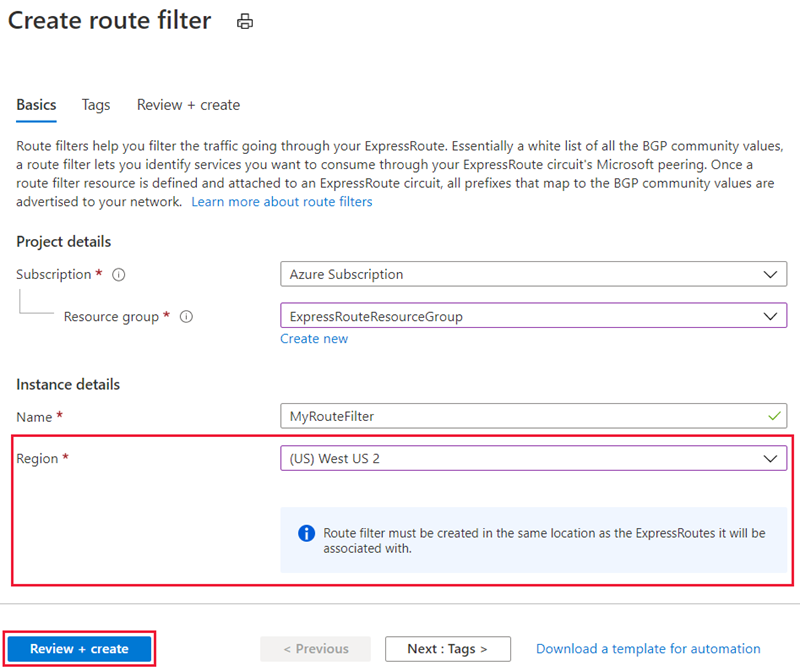 Screenshot that shows the Create route filter page with example values entered.