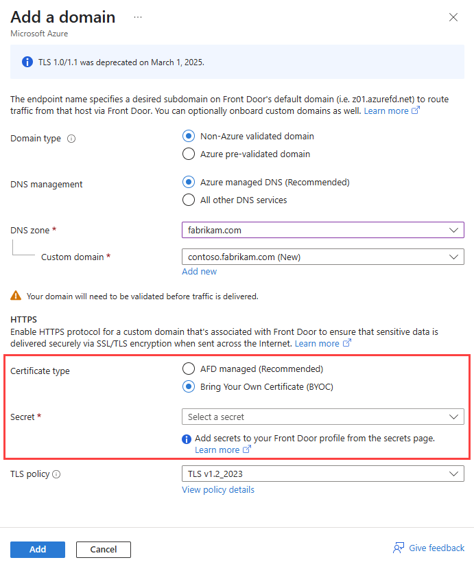 Screenshot that shows the Add a custom domain pane with HTTPS.