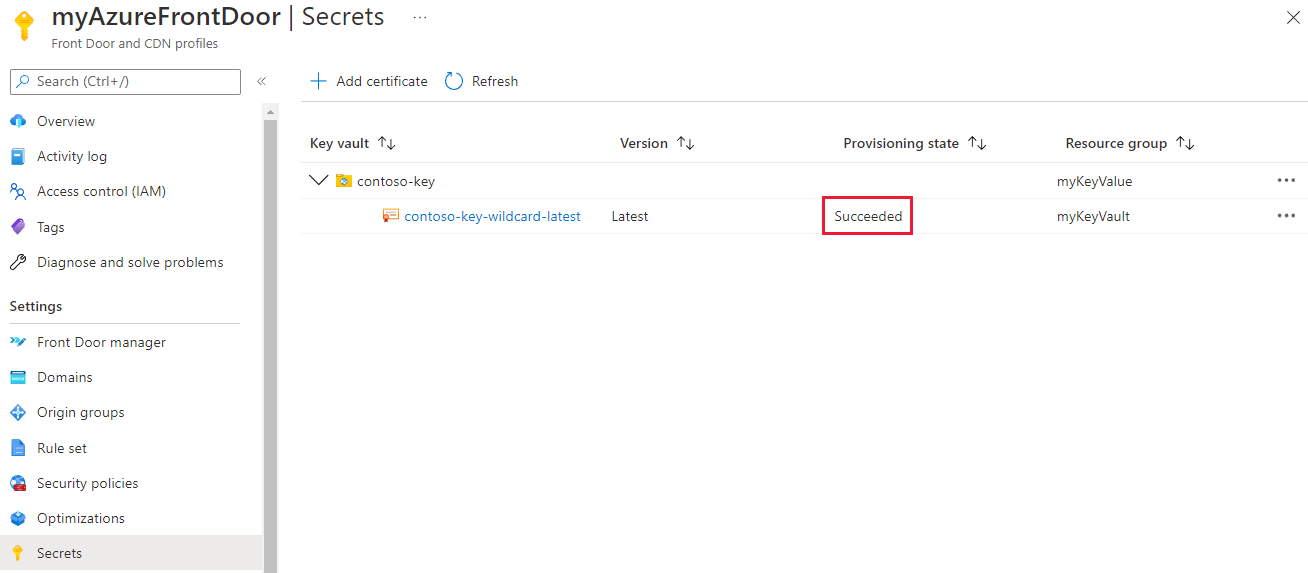 Screenshot that shows the certificate successfully added to secrets.