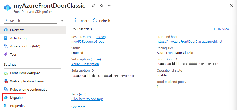 Screenshot of the migration button for an Azure Front Door (classic) profile.