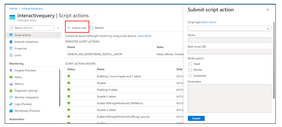 Screenshot that shows the button for starting the process of creating a script action.