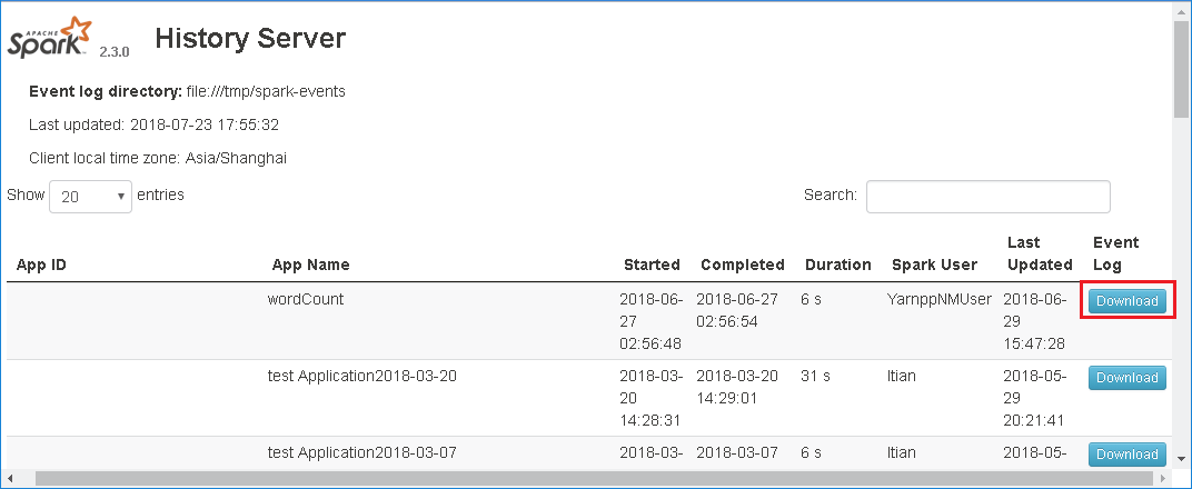 Download the event in the Spark History Server UI.
