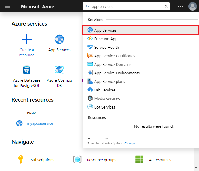 Screenshot of Azure portal, search box, and "App Services" selected.