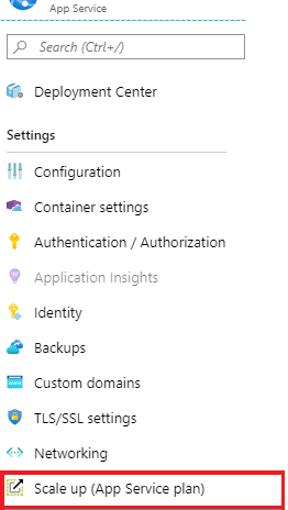 Screenshot of web app menu, "Settings" section, and "Scale up (App Service plan)" selected.