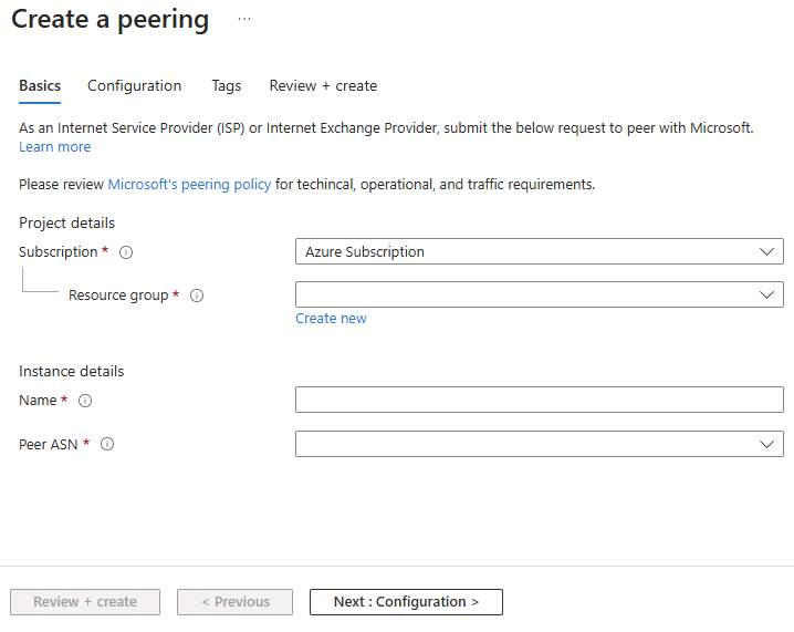 Screenshot that shows the Basics tab of creating a peering in the Azure portal.