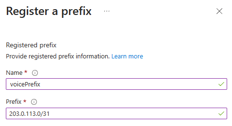 Screenshot that shows registering a prefix in the Azure portal.