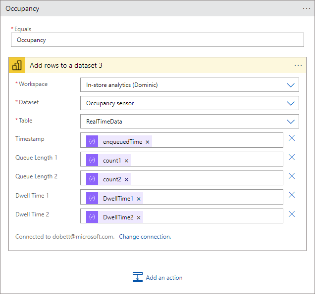 Screenshot that shows the occupancy action in the Logic Apps Designer.