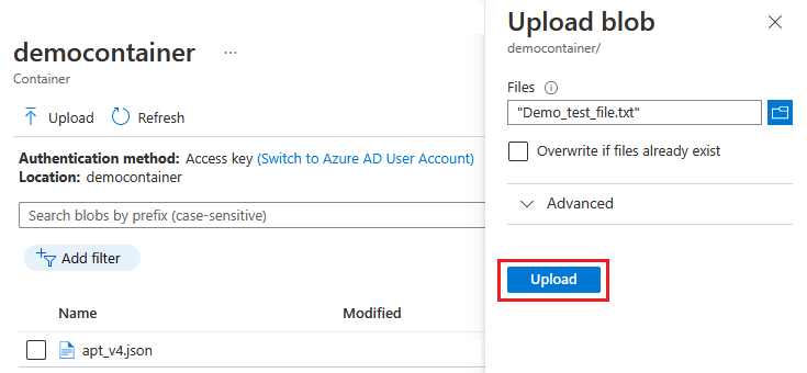 Screenshot that shows selecting Upload.