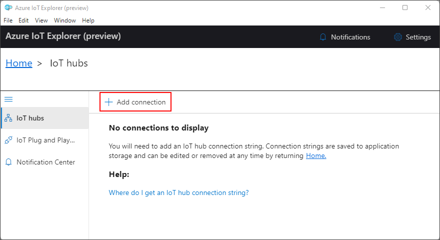 Screenshot that shows adding an IoT hub connection in IoT Explorer.