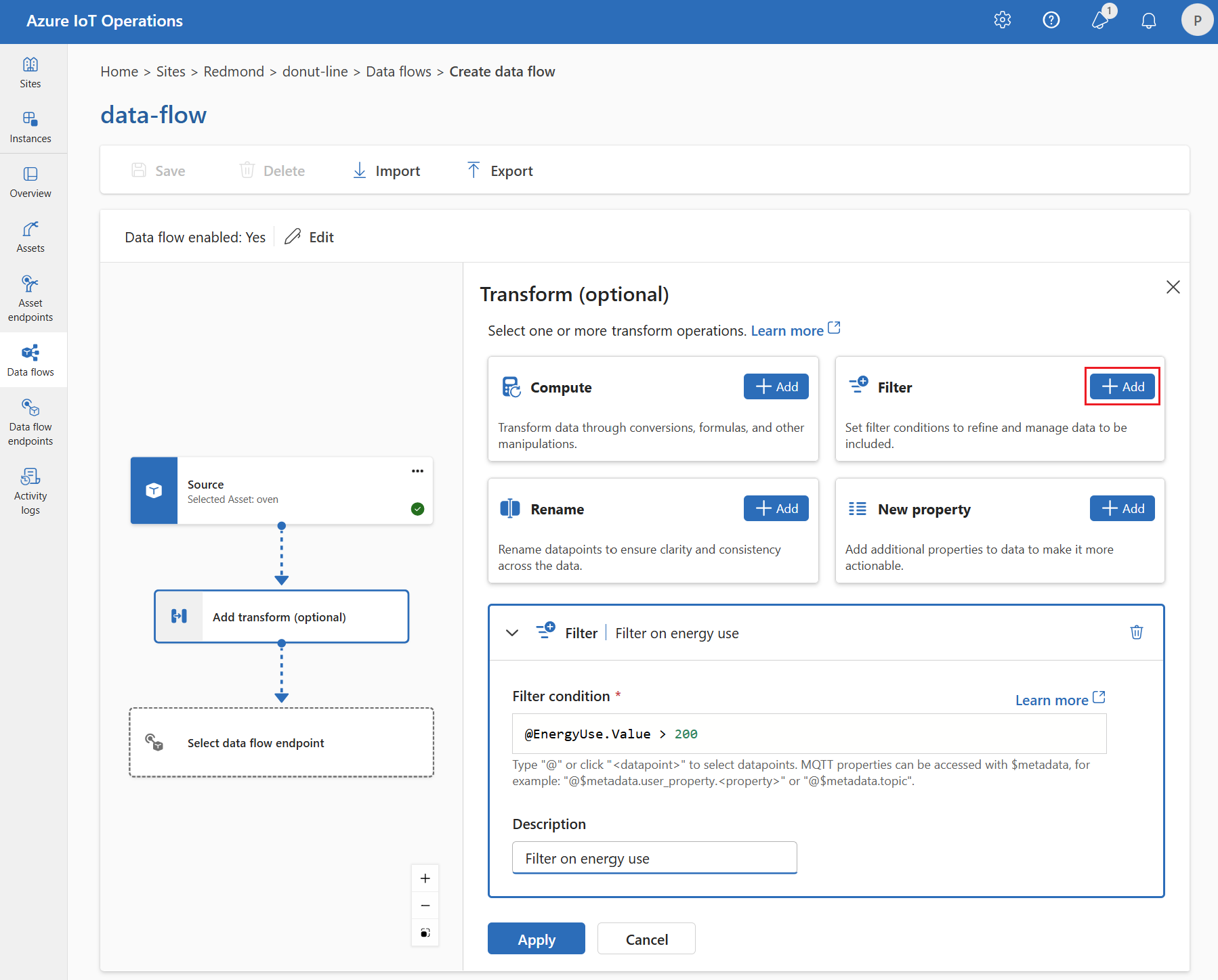 Screenshot using operations experience to add a filter transform.