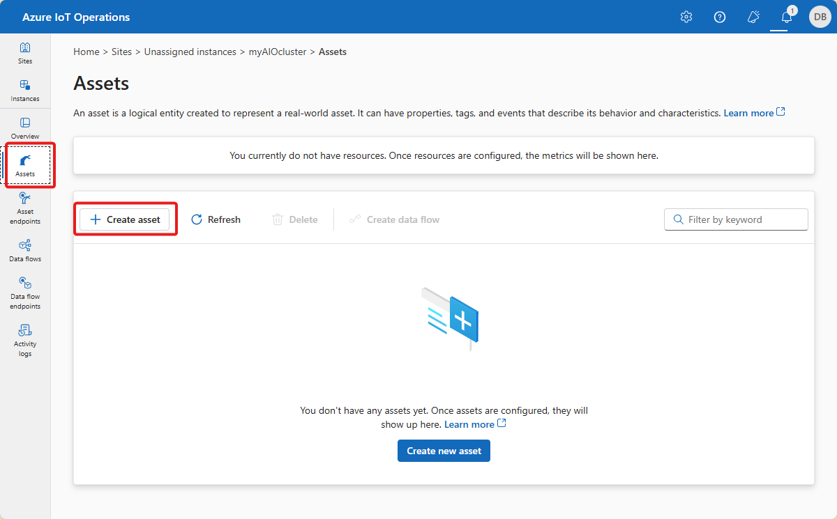 Screenshot of Azure IoT Operations empty asset list.