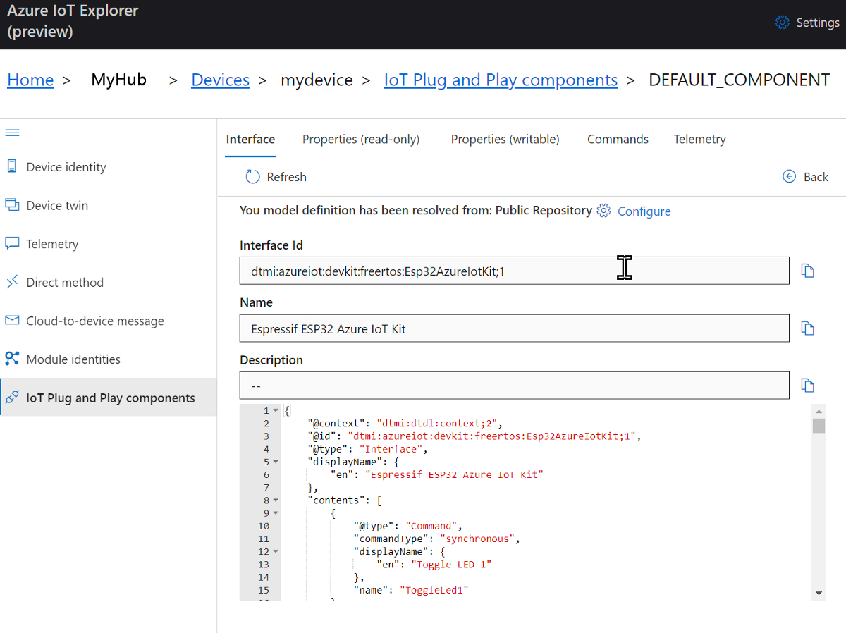 Screenshot of the device's default component in IoT Explorer.