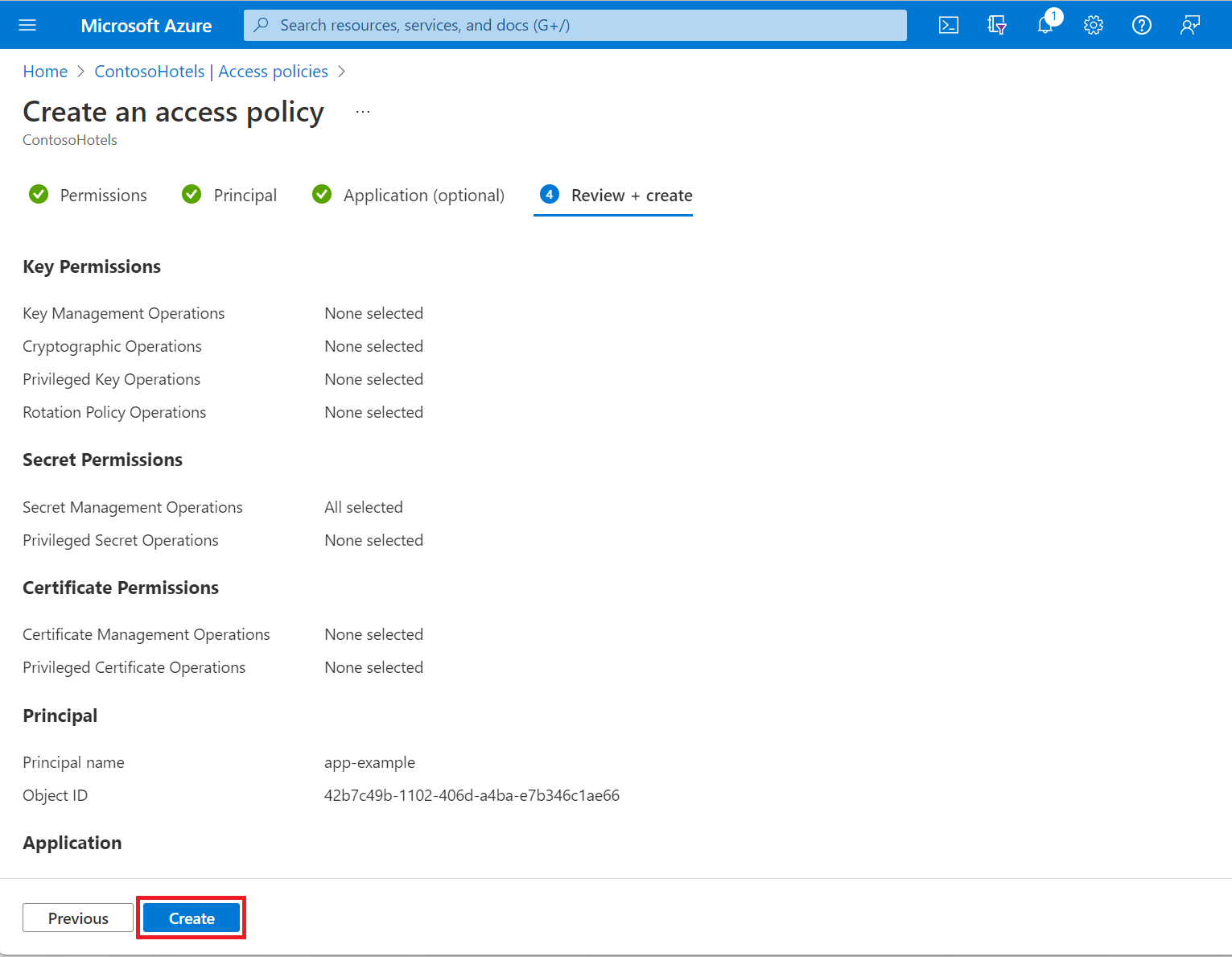 Adding the access policy with the security principal assigned