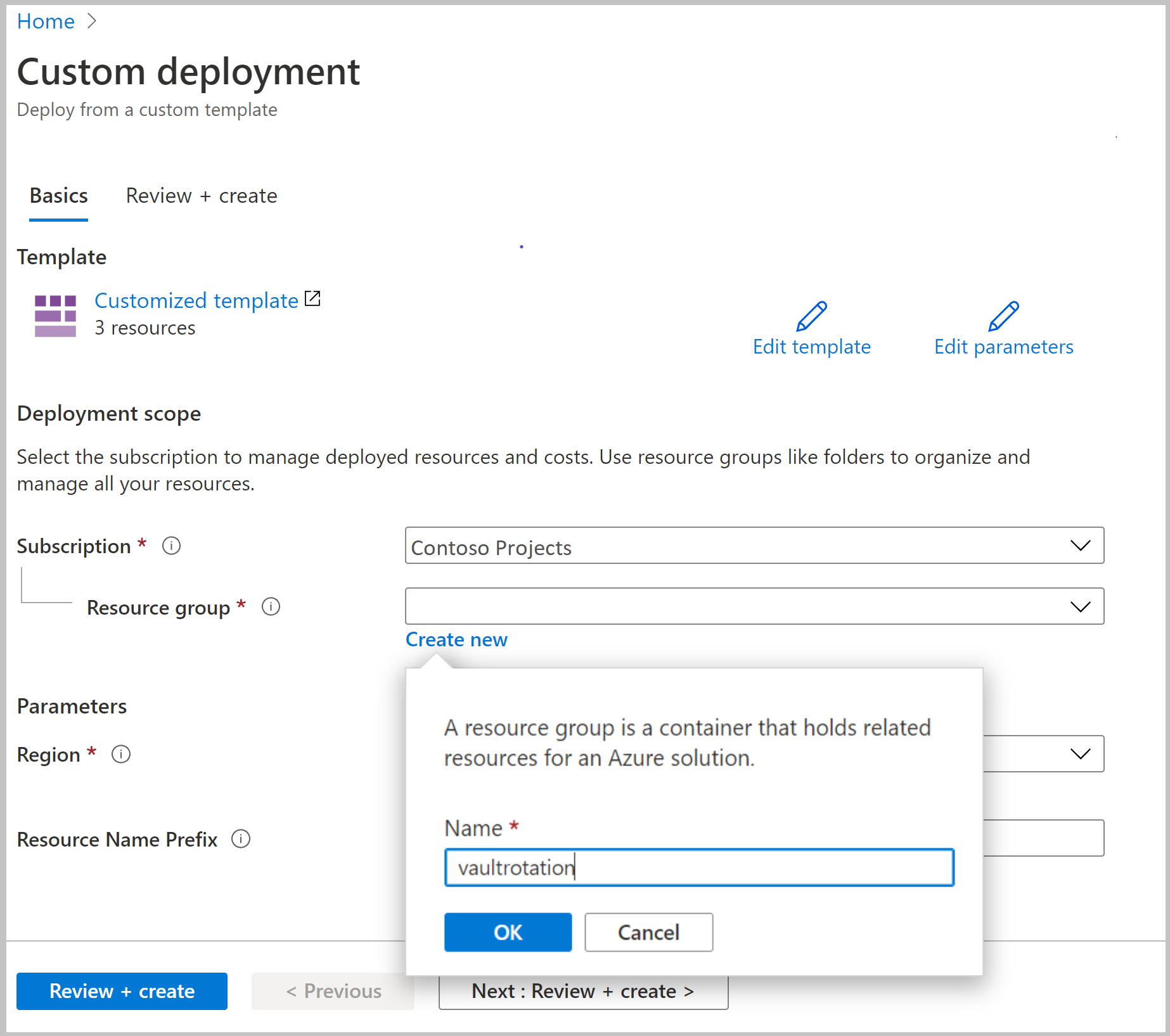 Screenshot that shows how to create a resource group.