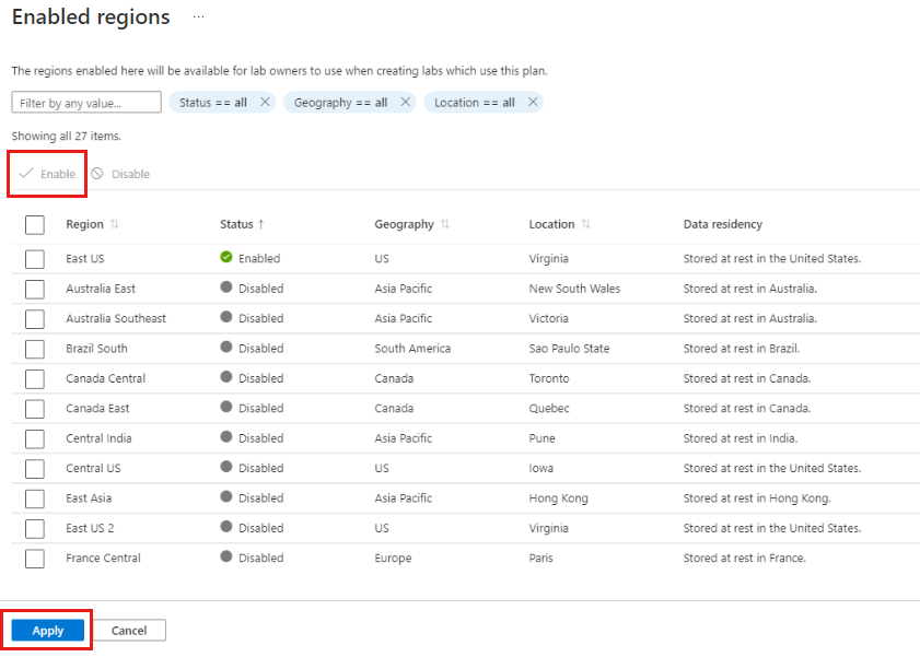 Screenshot that shows the Enabled regions page with Enable and Apply highlighted.