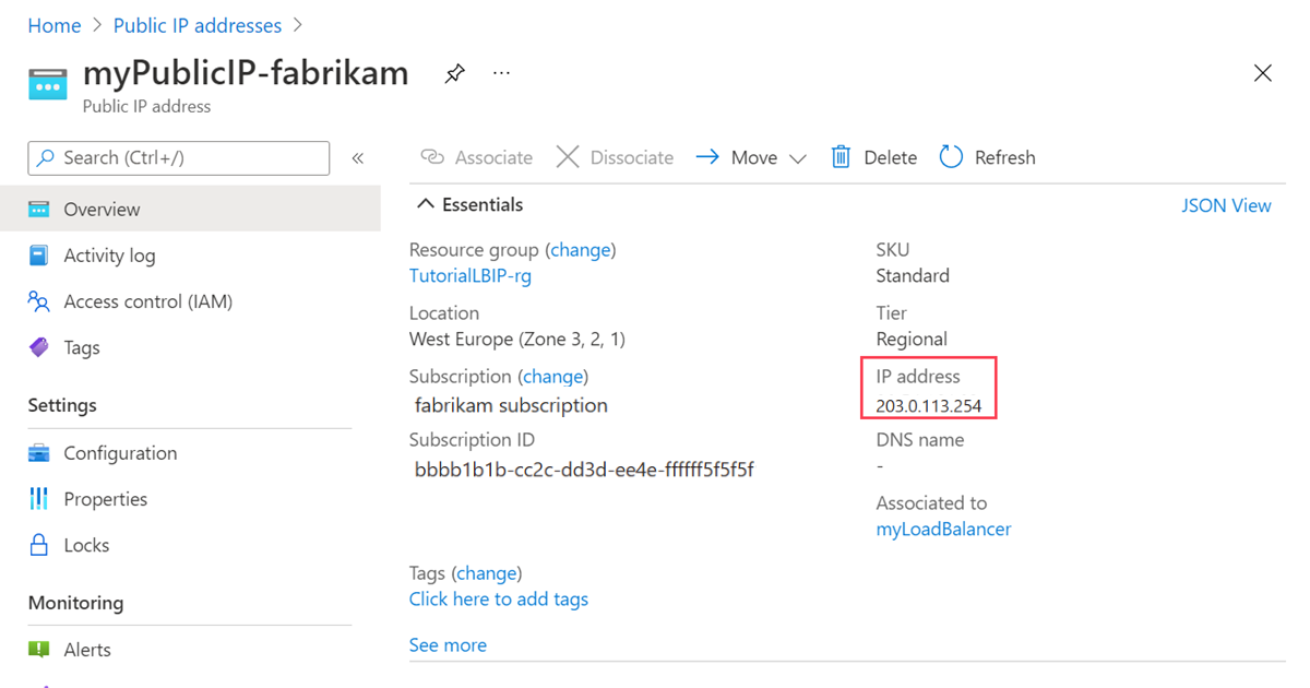 Screenshot of myPublicIP-contoso public IP address.