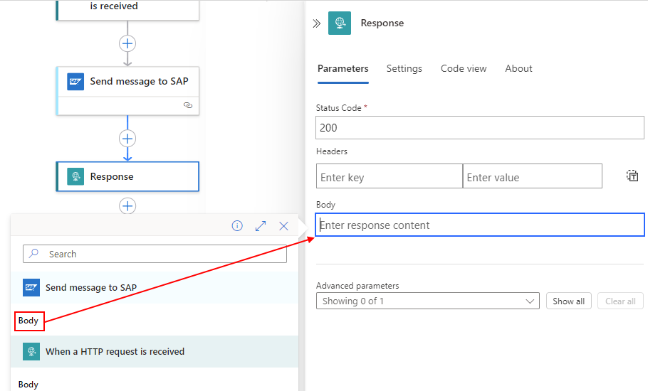 Screenshot shows selecting SAP action output named Body for Consumption workflow.