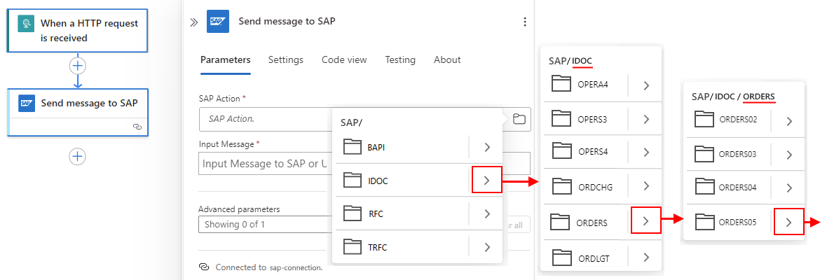 Screenshot shows finding an Orders action for a Consumption workflow.