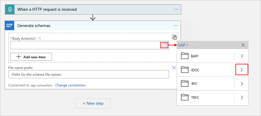 Screenshot shows Consumption workflow, Generate schemas action, and selecting IDOC.