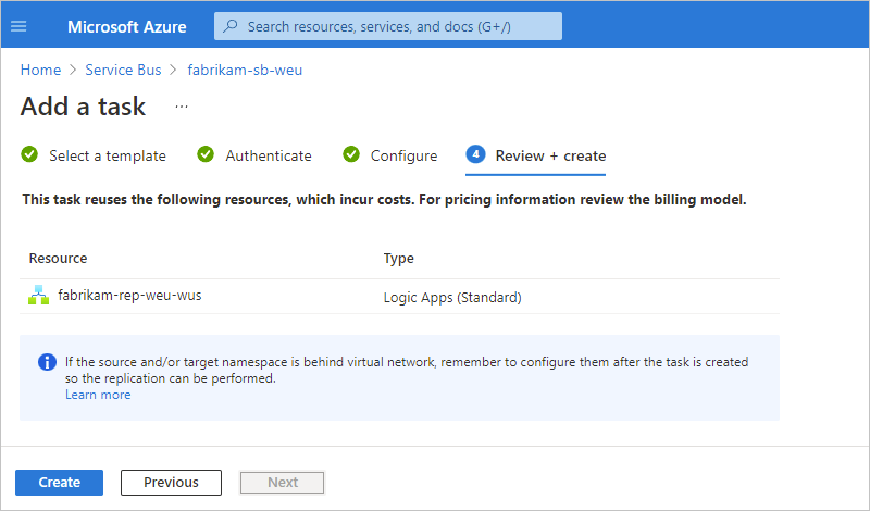 Screenshot showing "Review + create" pane with resource information when reusing an existing logic app.