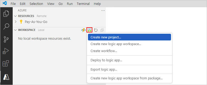 Screenshot shows Azure window, Workspace toolbar, and Azure Logic Apps menu with selected item, Create new project.