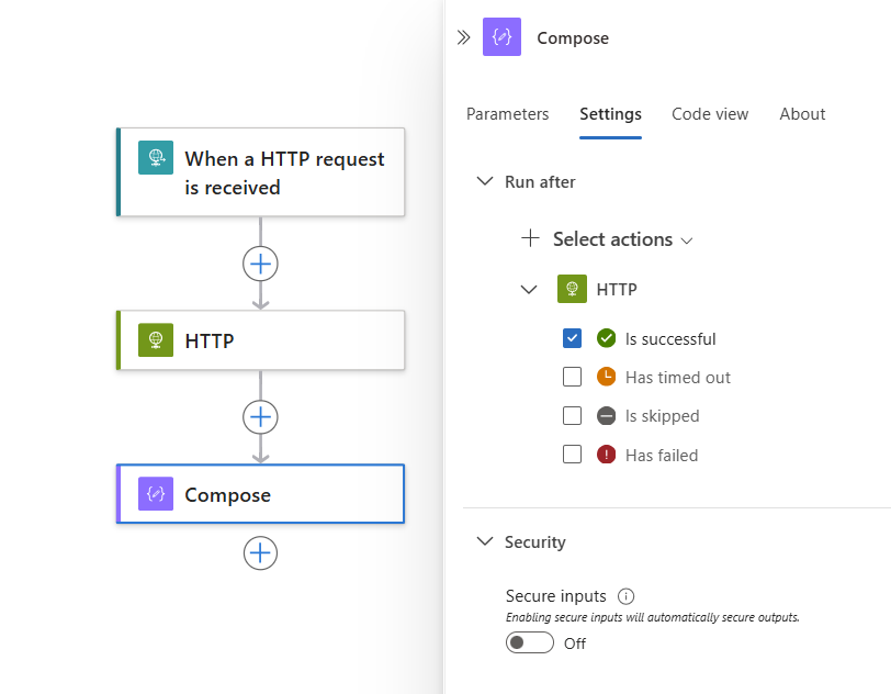 Screenshot shows current action and its default run after status set to Is successful.