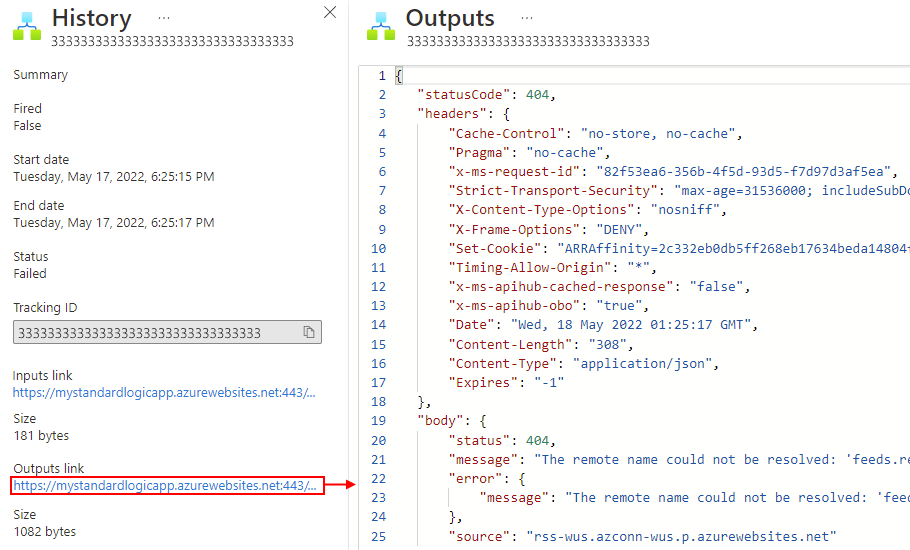 Screenshot shows Standard workflow trigger outputs.