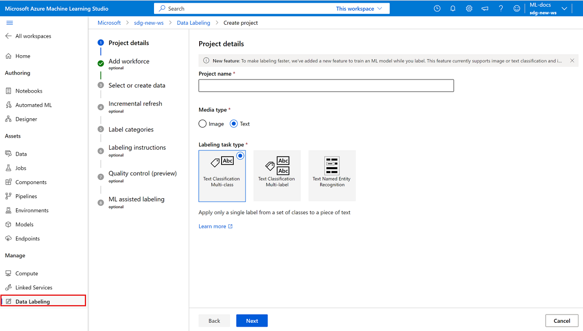 Screenshot that shows creating a labeling project for text labeling.