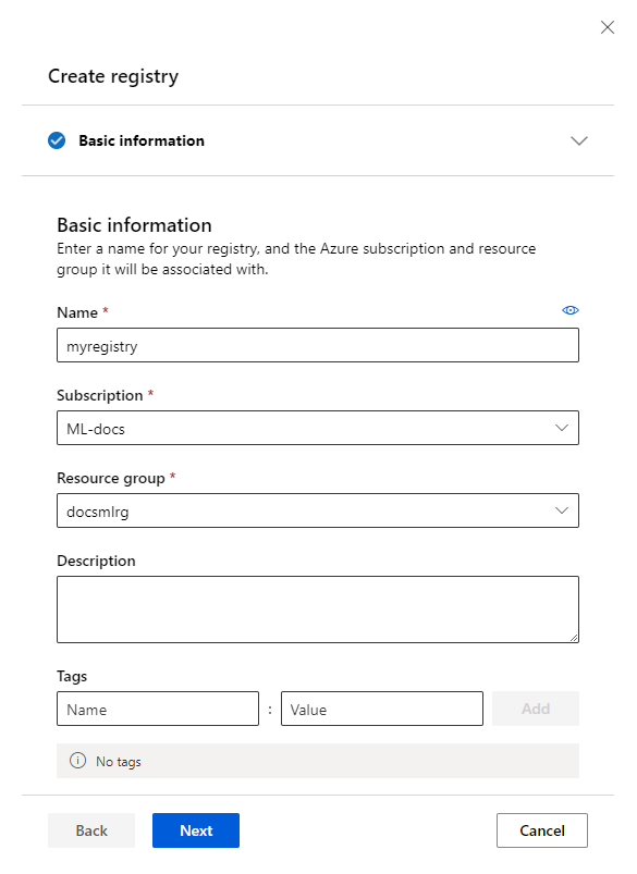 Screenshot of the registry creation basics tab.