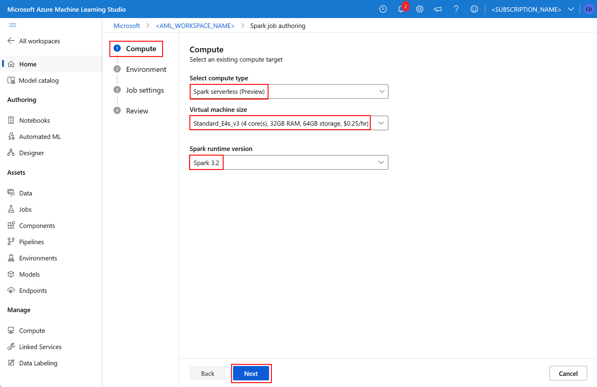 Screenshot that shows the compute selection screen for a new Spark job in Azure Machine Learning studio UI.