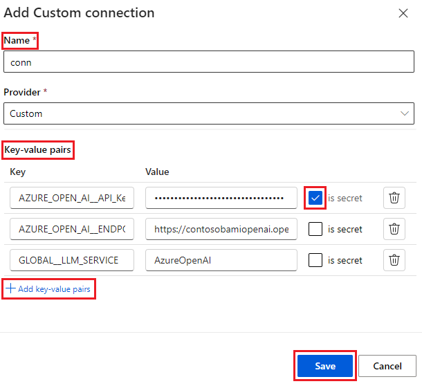 Screenshot of adding custom connection key-value pairs.