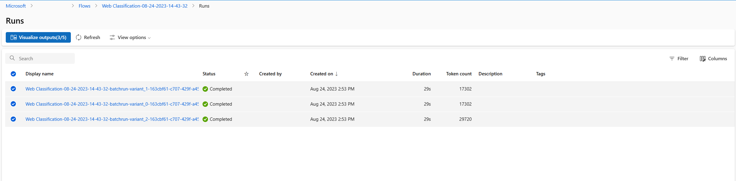 Screenshot of runs showing visualize outputs. 