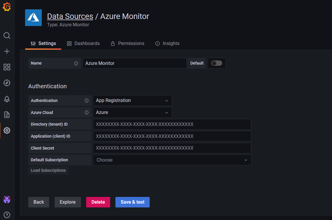 Screenshot of the Azure Managed Grafana workspace: Check app registration authentication details.