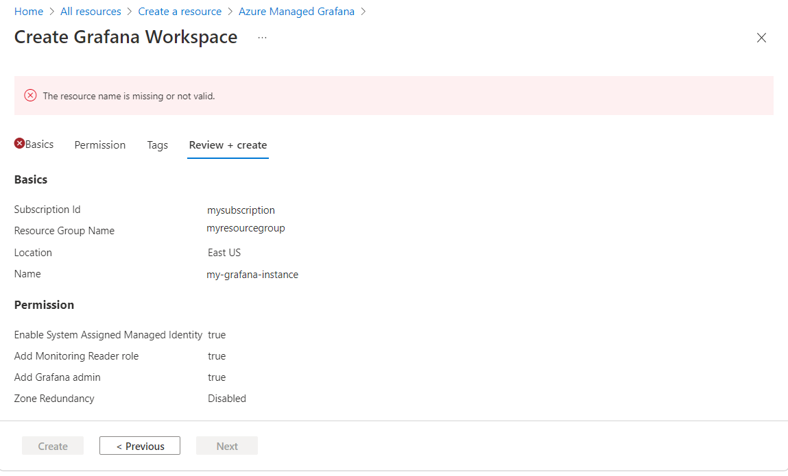 Screenshot of the Azure platform: workspace name error.