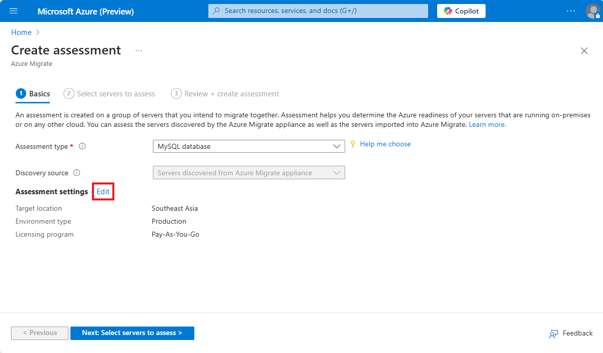 Screenshot on how to edit mysql assessment settings.