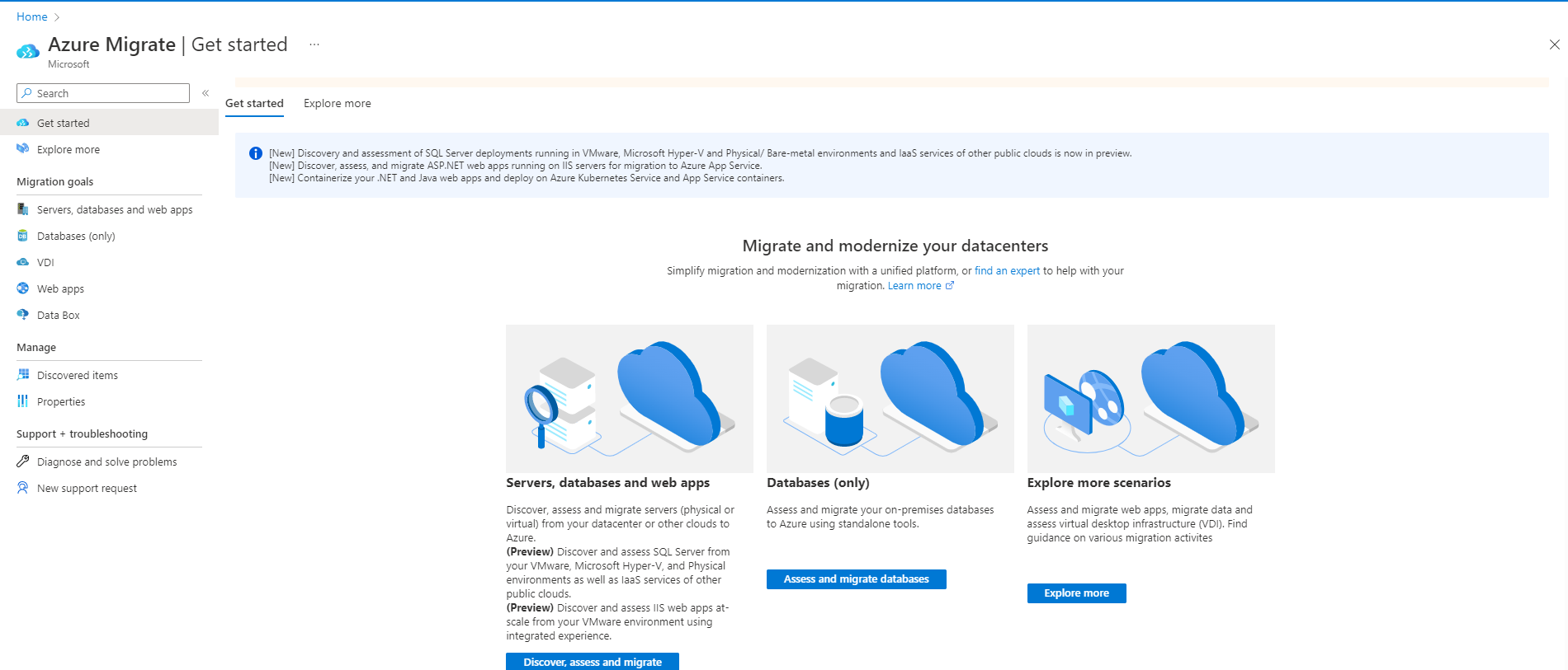 Location of Assess and migrate servers button