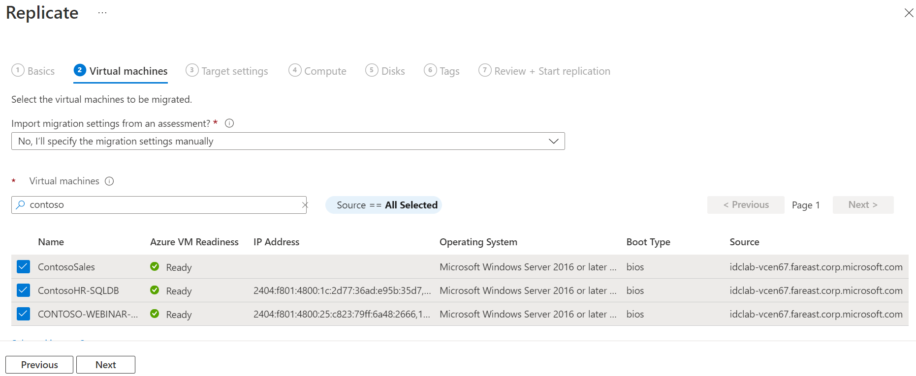 Screenshot that shows the selected VMs in the Replicate dialog.