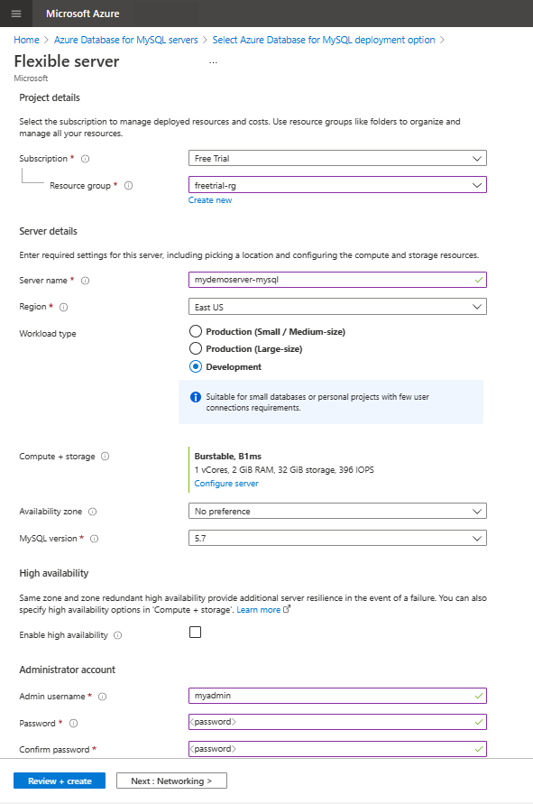 Screenshot that shows the Basic Settings for creating an Azure Database for MySQL flexible server instance.