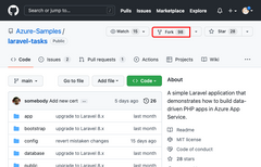 Screenshot showing how to create a fork of the sample GitHub repository.