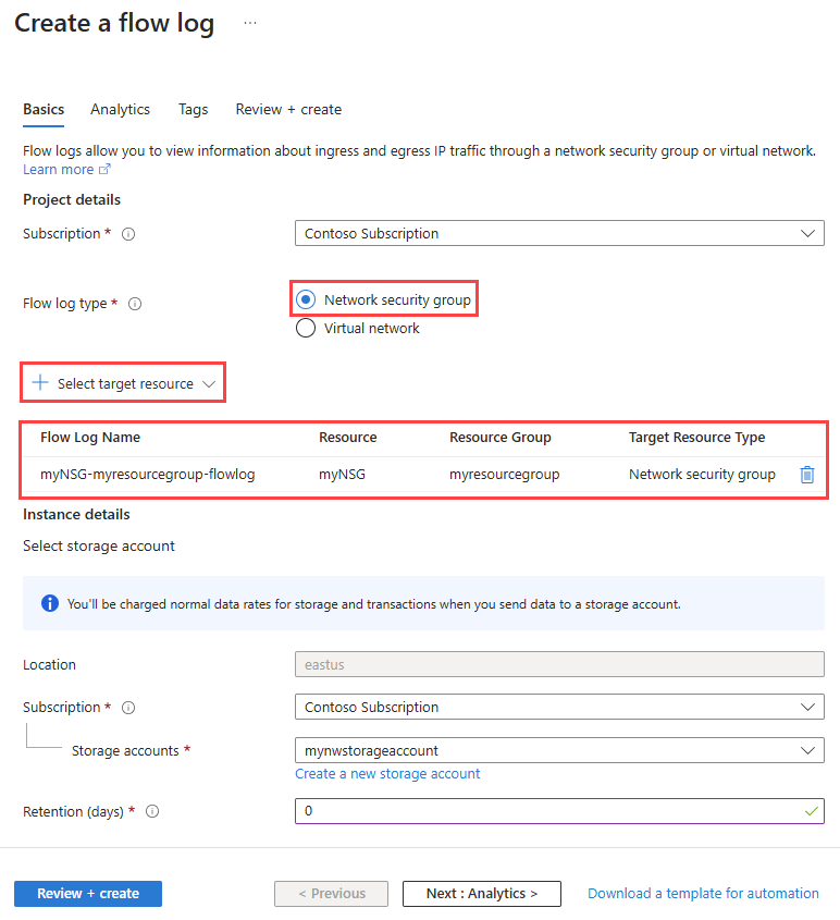 Screenshot of creating an NSG flow log in the Azure portal.