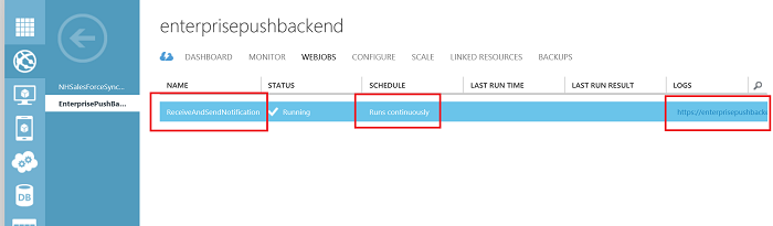 Screenshot of the Azure Portal with the enterprise push backend webjobs displayed and the Name, Schedule, and Logs values outlined in red.